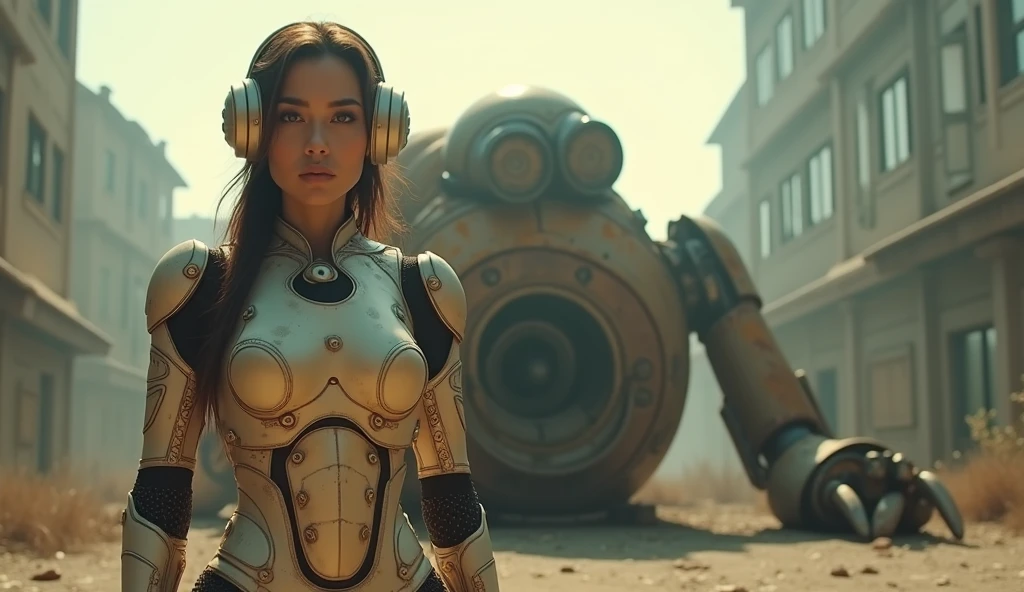 (Masterpiece.UHD.photorealistic. Analog photography. 1950 style) in a dystopian Neo retro futuristic world. An ultra hot gorgeous European woman.Age 23. Epic cleavage (100E breast size)wearing a cyberpunk light dirty armor she stands in a ruined city. in front of a rusty robot 1930 clunky and rusty giant smoking evil war dead robot lying on the floor. Early morning light.