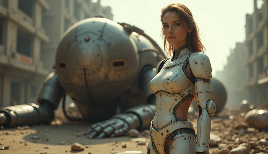 (Masterpiece.UHD.photorealistic. Analog photography. 1950 style) in a dystopian Neo retro futuristic world. An ultra hot gorgeous European woman.Age 23. Epic cleavage (100E breast size)wearing a cyberpunk light dirty armor she stands in a ruined city. in front of a rusty robot 1930 clunky and rusty giant smoking evil war dead robot lying on the floor. Early morning light.