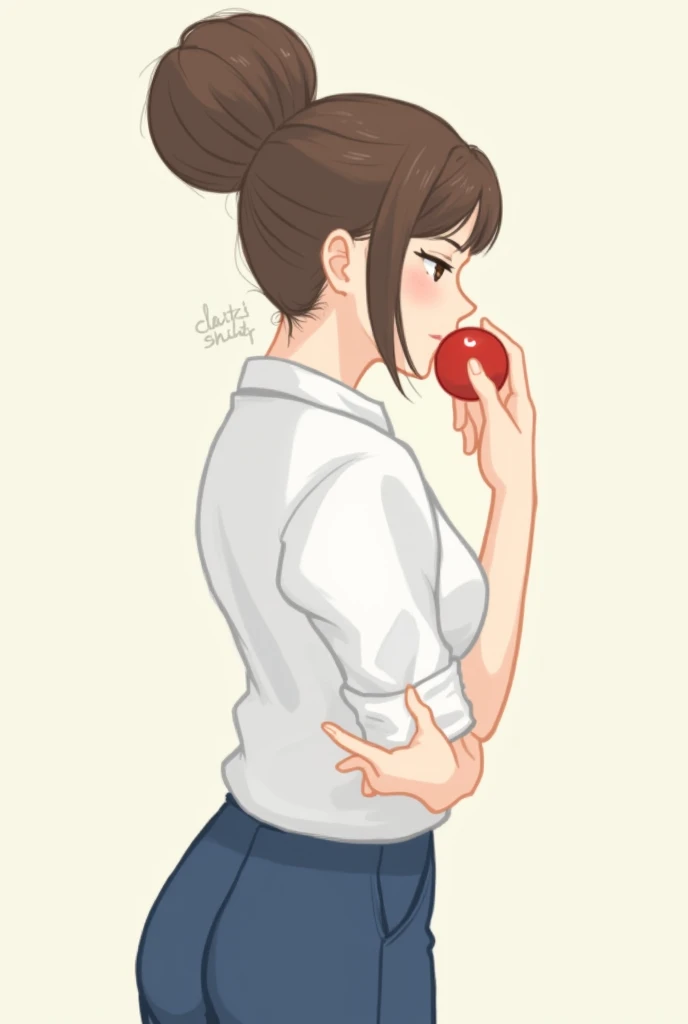 
The image shows a stylized illustration of a female character with a large bun in her brown hair, eyes closed with large silicons, wearing a white shirt with rolled up sleeves and blue pants. The character is holding an apple with her left arm outstretched and her right hand on her waist. The character is facing each other.
