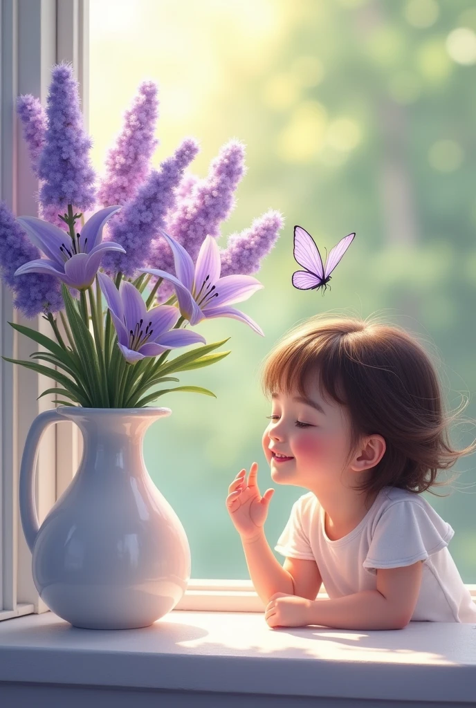 Lavender Lily flowers in a vase and girl with cute dimple and a butterfly 