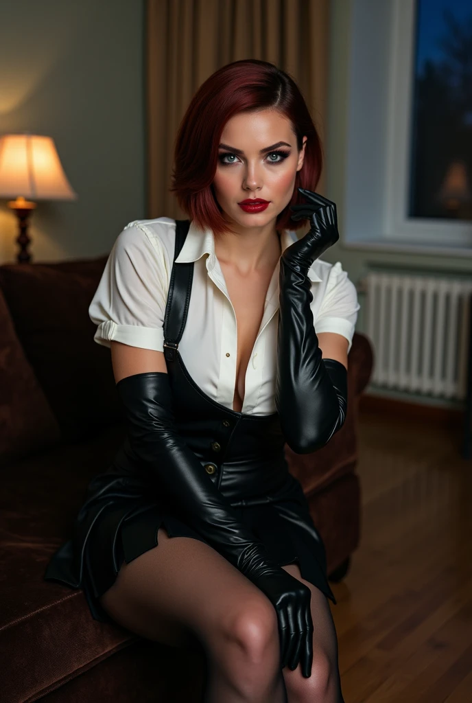 professionally color graded photograph. Fetish. Erotica A sexy, busty Ukrainian woman. with short dark auburn paige cut wig. smoky eyeshadow. black eyeliner. deep red lips. Winter evening. Wearing (white blouse with collar and short sleeves). cleavage. wearing black Knee length pleated skirt. wearing nylon pantyhose. high heel shoes with ankle straps. (wearing black rubber apron). (Wearing aimpit length shiny black latex gloves). Shiny gloves. Arms completely covered in black latex gloves. Sitting demurely on sofa, inside old apartment in Russia. Lights turned off. Light from window.  (view from front). POV eye level. romantic smile. Eye contact. ektachrome, 50mm lens. depth of field. accurate proportions.