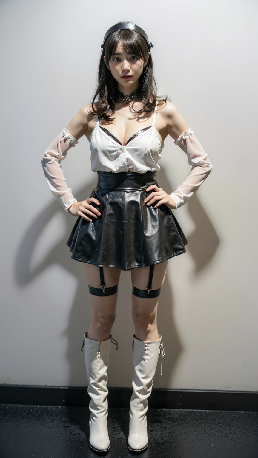 (8k、RAW Photos、Highest quality、masterpiece:1.2)、(Realistic、Realistic)、1 person、((black and white、Cleavage、leather、Medium Hair、Garter Ring、mini skirt、Thin legs、whole body、boots、View from the front、Looking into the camera、White Room、Stand with hands on hips))、cute