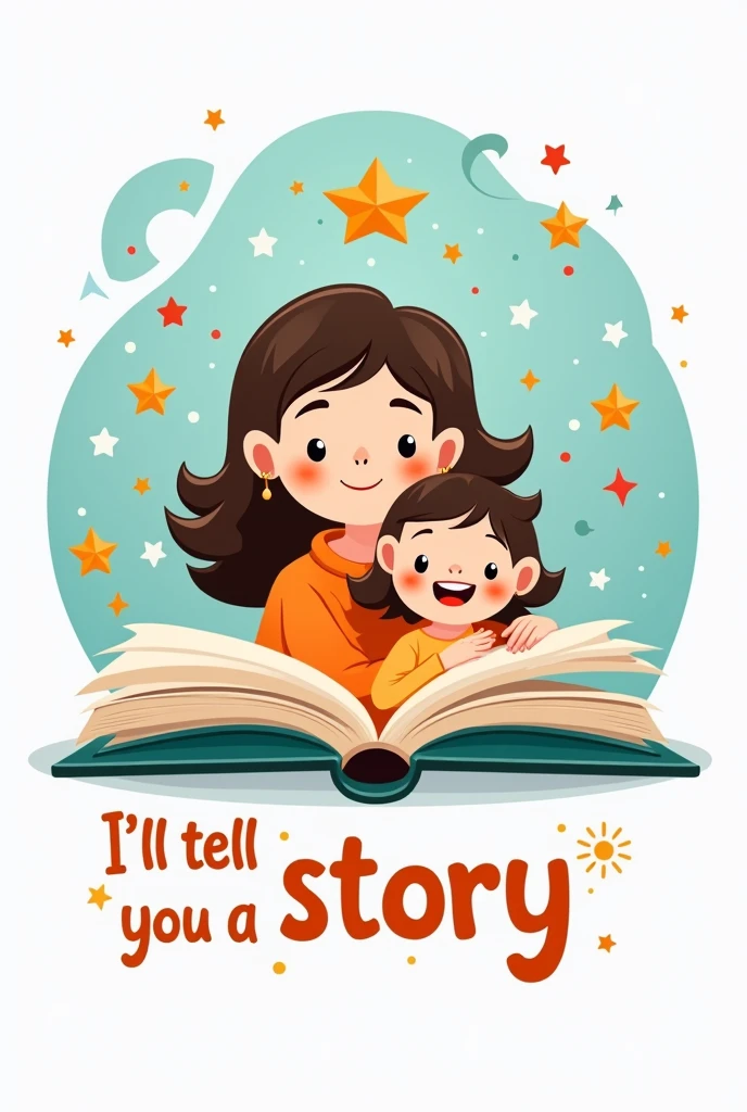 Create me a logo of an open book from which images of fairy tales and fantasy emerge and behind the book there is a mother with her child, the style must be very cartoon-like, and it shouldn&#39;t be scary because it&#39;s for children, there must be lots of colors and lots of cute things and then the title must be written "I&#39;ll tell you a story" (the writing must be positioned beautifully) chubby letters , without nature only things that make you think of fairy tales and fantastic stories (WITHOUT PLANTS) It must be very simple as a logo not too detailed in Italian language