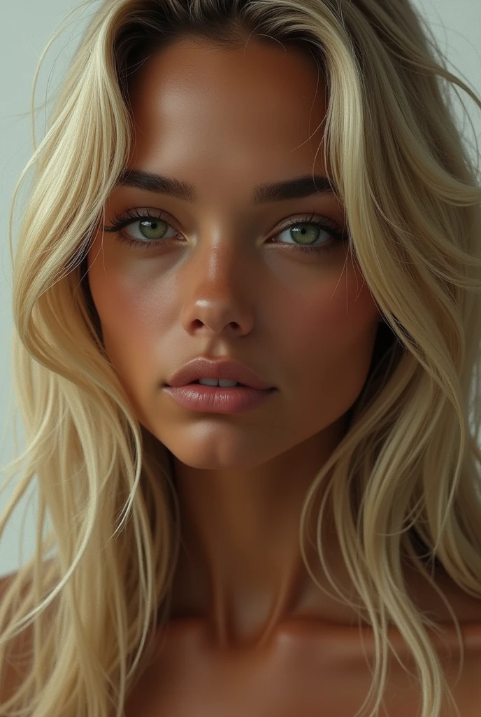 A person with blond hair, brown skin and green eyes, brown skin