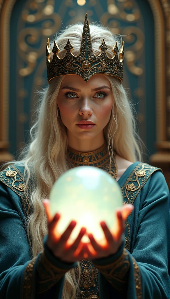 norse goddess,Looking forward close-up wearing a crown, Holding a magic crystal ball, Casting a Spell, best quality, 4K resolution, Flawless face, in a luxurious palace, Superrealisticart)