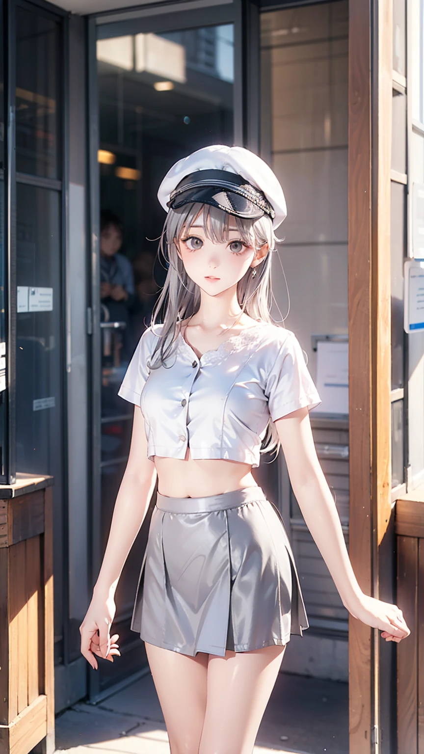 masterpiece, high quality, 最high quality, beautiful, High resolution, Perfect lighting, Detailed face, Detailed body, 1 person, alone, (Long white hair), Brown eyes, Medium chest, ((White underwear)), ((short gray skirt)), (Grey hat), In front of the cafe,