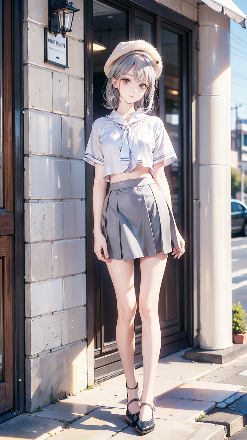 masterpiece, high quality, 最high quality, beautiful, High resolution, Perfect lighting, Detailed face, Detailed body, 1 person, alone, (Long white hair), Brown eyes, Medium ?????, ((White ?????????)), ((short gray skirt)), (Grey hat), In front of the cafe,