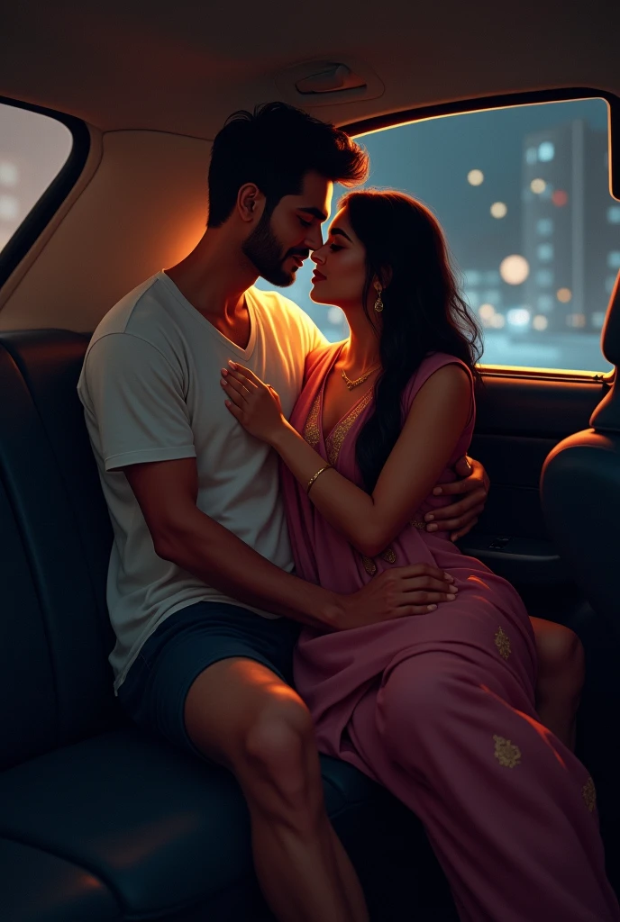 At night, one indian man wears tshirt shorts sitting on back seat of the car and one indian woman is sitting on that man's lap. That woman wears kurta and slack. man hold woman from behind and wrapped his hands around her wrist.