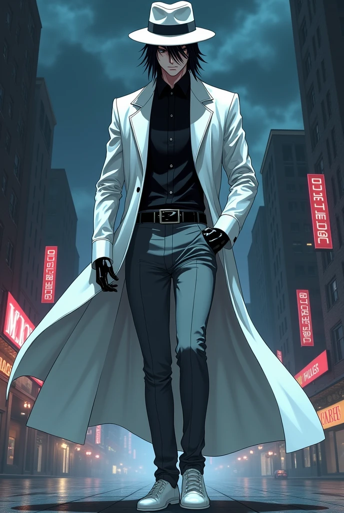 Imagine a white man with almost pale skin, looking 2 and with 1,75 metros de altura, wearing a distinctly stylish and dramatic outfit. He wears a long white overcoat that looks impeccable., with the fabric flowing behind him as he walks with purpose. over your head, a white hat with a medium brim is tilted to one side, creating a mysterious shadow over your eyes.
His face expresses a mixture of determination and calm., with straight black hair falling lightly over his forehead. His black eyes are intense, almost penetrating, as if he were always vigilant. He wears a well-fitted black shirt underneath his overcoat., creating a strong color contrast. Your black gloves are made of leather, adding a touch of authority and control.
The formal gray pants follow the same pattern of sobriety and style., adjusted and with a perfect crease, and he wears shiny white shoes, completely clean and reflecting the light around. The figure appears to be in constant motion, pronta para agir.
Behind him, the city stretches out in a nighttime setting, with tall buildings and neon lights, typical of a large comic book metropolis. The atmosphere is gloomy, with the sky full of dark clouds, suggesting that a great battle is about to take place. He is in a position of power, as an anti-hero or vigilante, whose morality is questionable, but whose style is unmistakable. I want it in anime style