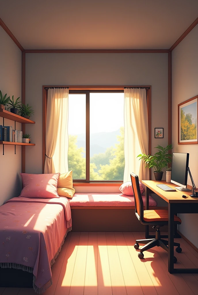 Make a simple anime room, with which you can sit by the window(there will be a sofa built into the window), have a bed a little far away and a computer desk a little bigger. That has a wall for photos