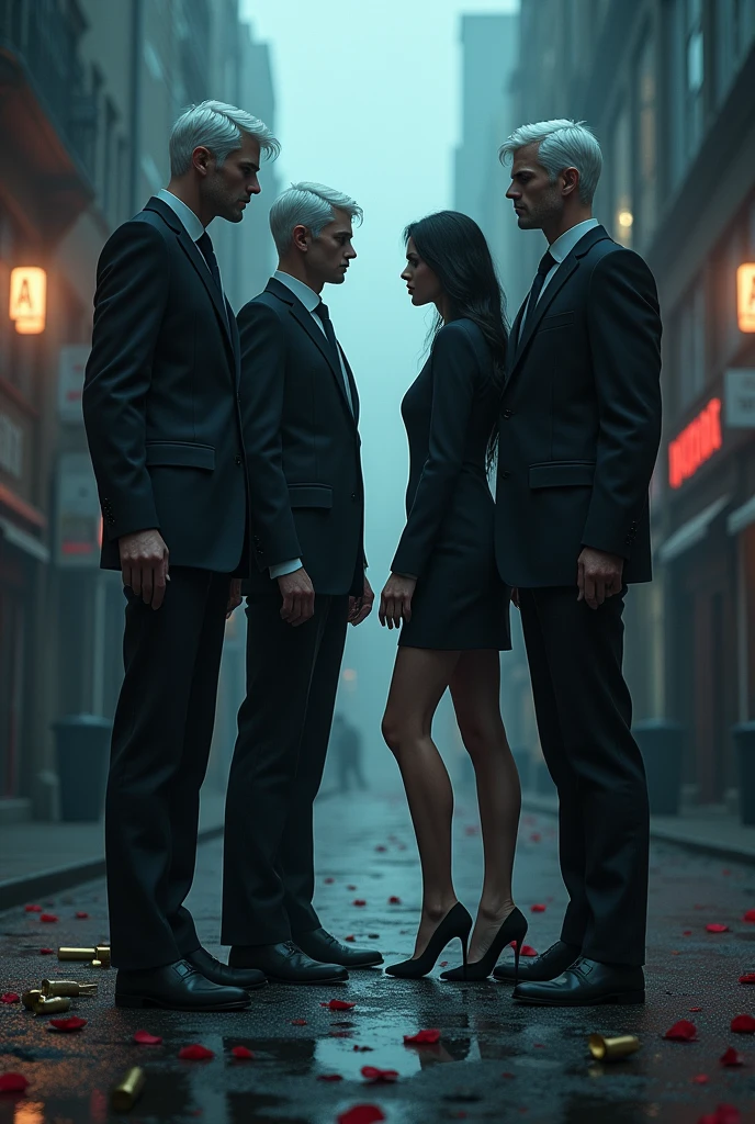 A 2 woman between two men who are almost two meters tall, of them have white hair and blue eyes, the other has black hair, They both have a suit on and their age is around 35 or 36., In the background there is a dark street, A gun on the ground along with some rose petals and some bullets They look like the people in the picture, use that as a reference 