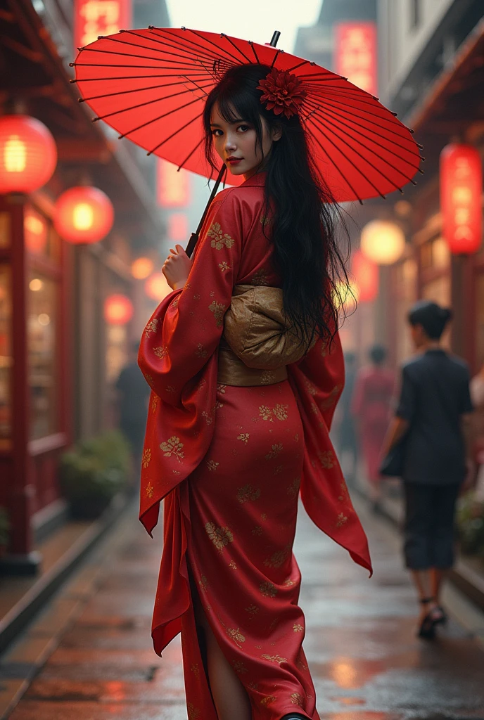 A beautiful and mature woman with large, slightly downcast eyes, wearing a red kimono with a gold pattern like a prostitute, and high geta sandals. Her hair is long and black, walking through the streets of the red-light district.、Holding an umbrella, she turns to me and smiles from a little distance away.