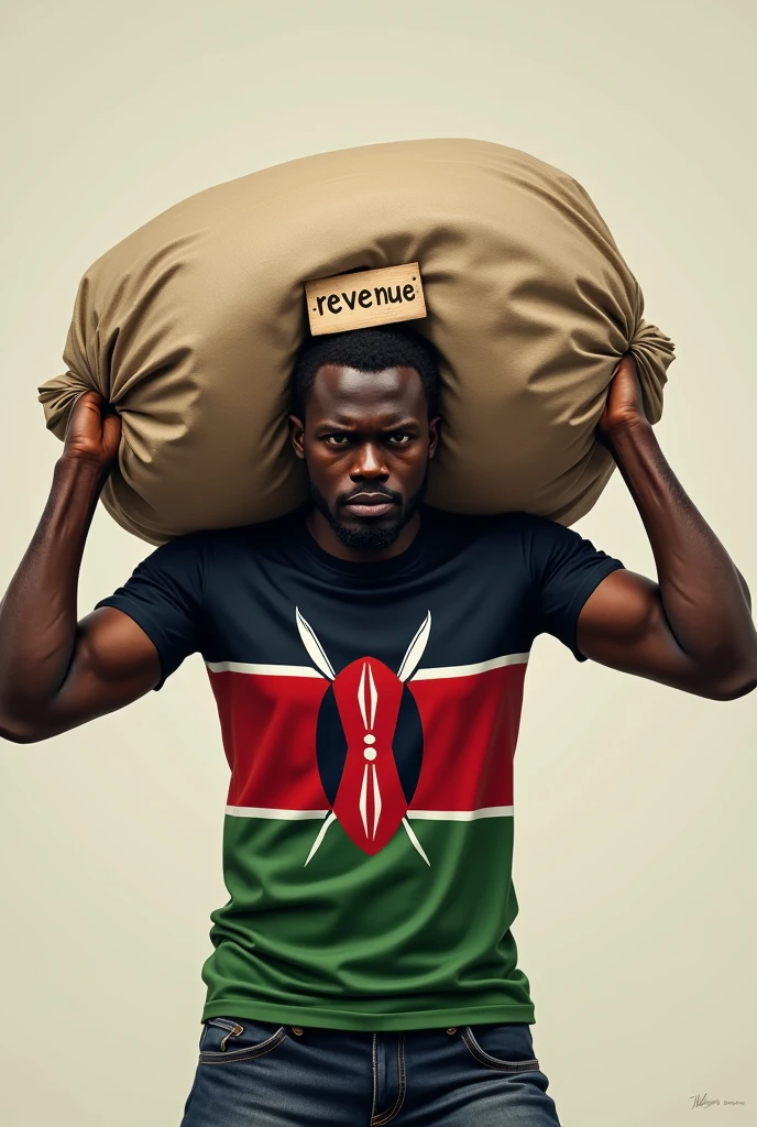 Kenyan man with tag revenue on head position, wearing tshirt with kenyan flag colors and trying to lift load labelled debt
