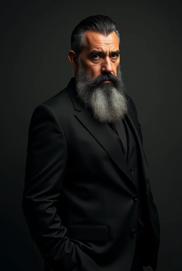 handsome man, mafia, Corleone, black italian suit, long, well-trimmed beard, adulthood, Maturity, SERIOUS LOOK, ropa all Black, Photography, portrait, masterpiece, details 4k, cinematic light, punk