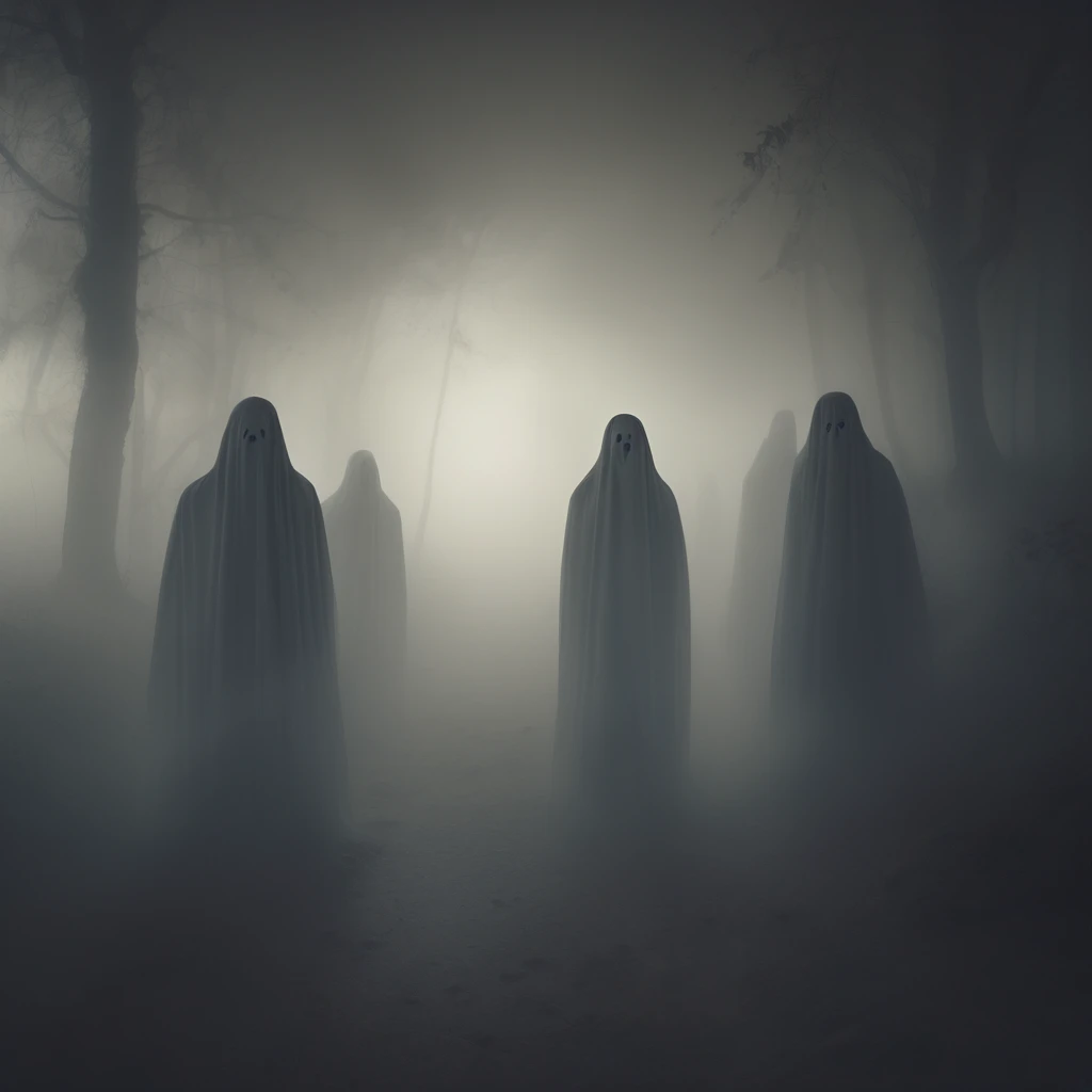 blurred ghosts, specters, transparent, dark ambient, dusty, mysterious scene, photo realistic, dramatic light, foggy