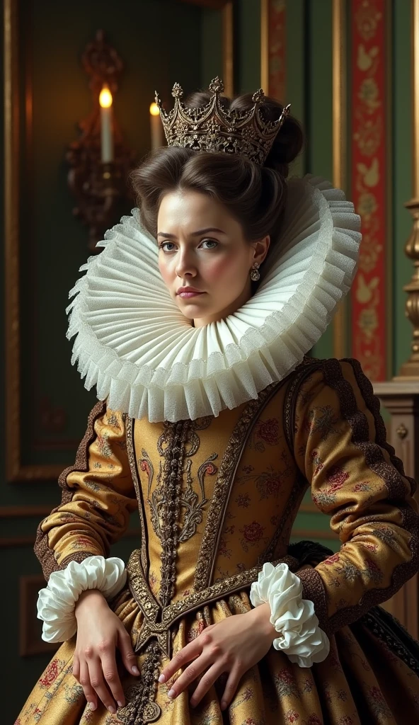 An image of a wealthy noblewoman from the 1500s, wearing an enormous, elaborate ruff collar that almost obscures her face. She is adorned in rich fabrics with intricate patterns, standing in a lavishly decorated room with a look of dignified discomfort. The cinematic colors should highlight the absurdity of the fashion
