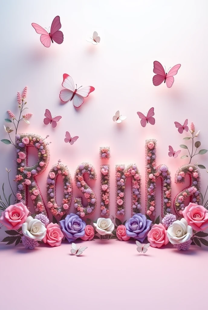 Create the name Rosinha by flowers and butterflies, by Rose Henriques, realistic 3 d style, rolands zilvinskis 3d render art, cute 3 d render, trend on behance 3d art, trend on behance 3 d art, by reyna rochin, rendered in cinema4d, rendered in cinema 4 d
