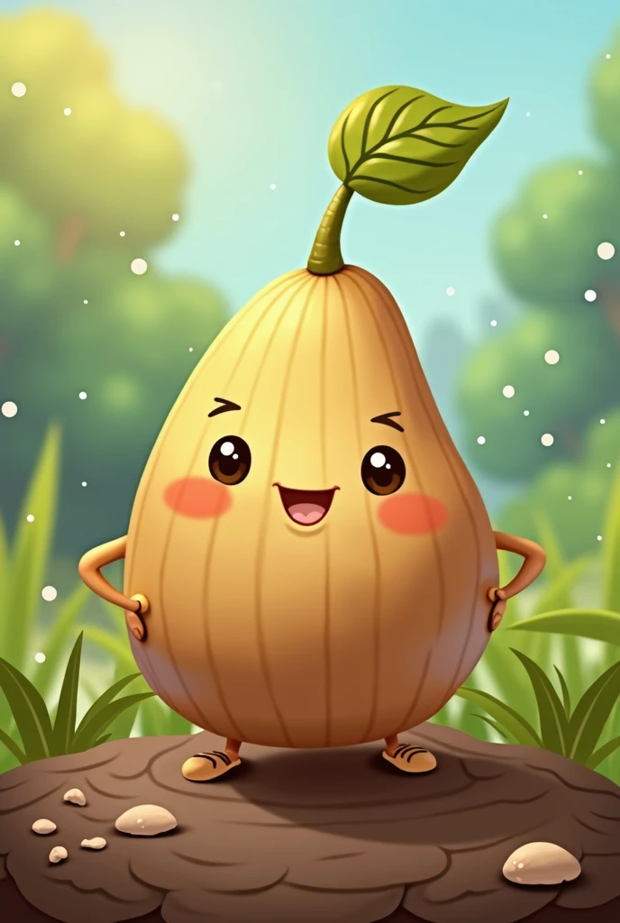 i need a character cartoon that looks like a seed for kids. represented in color brown with no gender