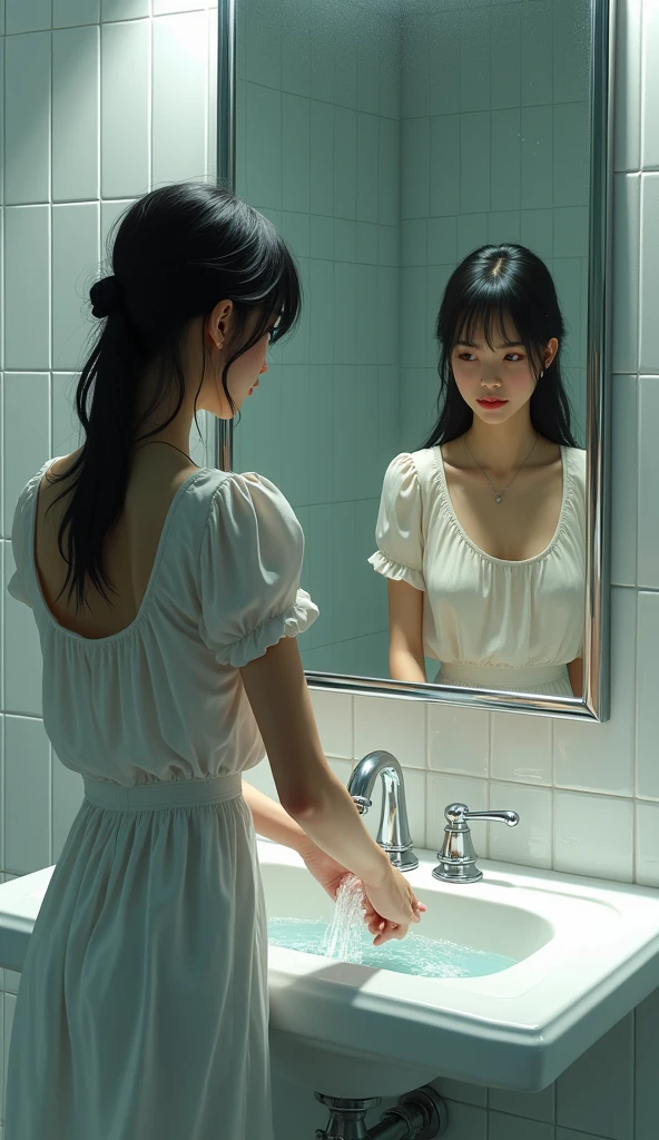 ((best quality)), ((Masterpiece)), (details), As Mind was washing her hands in the sink, she noticed an unfamiliar reflection in the mirror. It was the reflection of another girl standing behind her.
