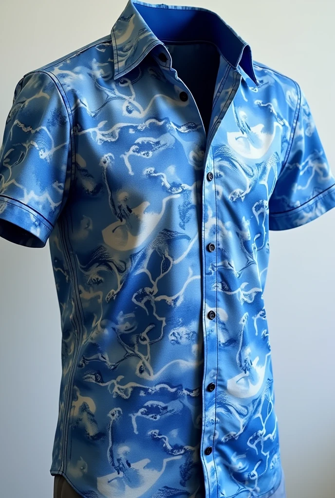 An eye catching  matte blue and white  short sleeve shirt with  shape  patterns on with a touch of most beautiful patterns  making the shirt so beautiful and flowed with art  with a tiny anchor on the side