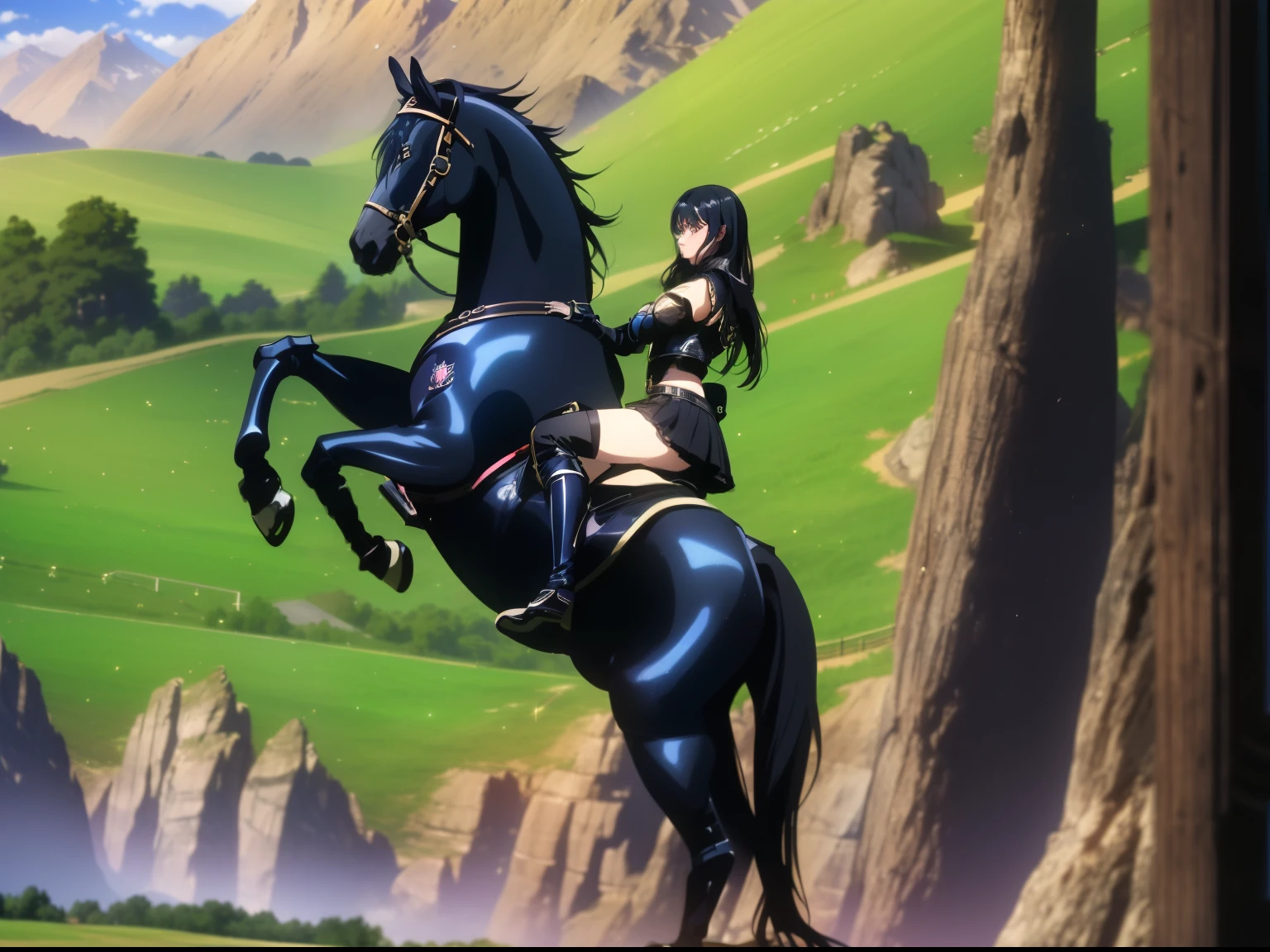 ((highest quality:1.2)), ((anime masterpiece)), (highest detailed:1.2), 8k, cinematic lighting, anime screencap, HDR, shandy riding a BLACK HORSE, (shandy, {black hair}, large breast, cleavage), (blue armor, black gauntlet, black miniskirt, blue boots), mountains, outdoor, open field, ((from side: 1.2)), anatomically correct