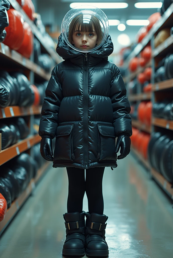a skintight airtight transparent rubber membrane is sealing the head of a slim european busty hyper slim youth girl who is gasping for air while she is wearing over her glossy suit a glossy duvetica hyper filled puffer down vest standing in the rubberstore with her foots stuck inside overfilled overinflated hyper inflated glossy puffer down-socks, perfect, masterpiece, symmetrical, beautiful, intricate