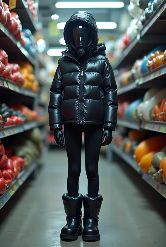 a skintight airtight transparent rubber membrane is sealing the head of a  slim european busty hyper slim youth girl who is gasping for air while she is wearing over her glossy suit a glossy duvetica hyper filled puffer down vest standing in the rubberstore with her foots stuck inside overfilled overinflated hyper inflated glossy puffer down-socks, perfect, masterpiece, symmetrical, beautiful, intricate
