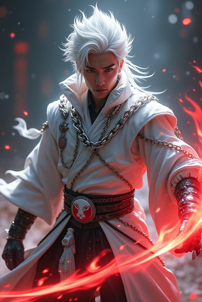 Male age 35, asian, white hair visual kei, wisdom sight, white plate armor, armor plate white tiger, a belt with red ying yang crystal, dark green leather matrix gabardine, dark green cargo, arm on red fire, chains around the belt, leather boots with chain pins, cyberpunk japanese style, athletic strongest, magic powers, action, black cat nails, crazy pose, dark night backgroud