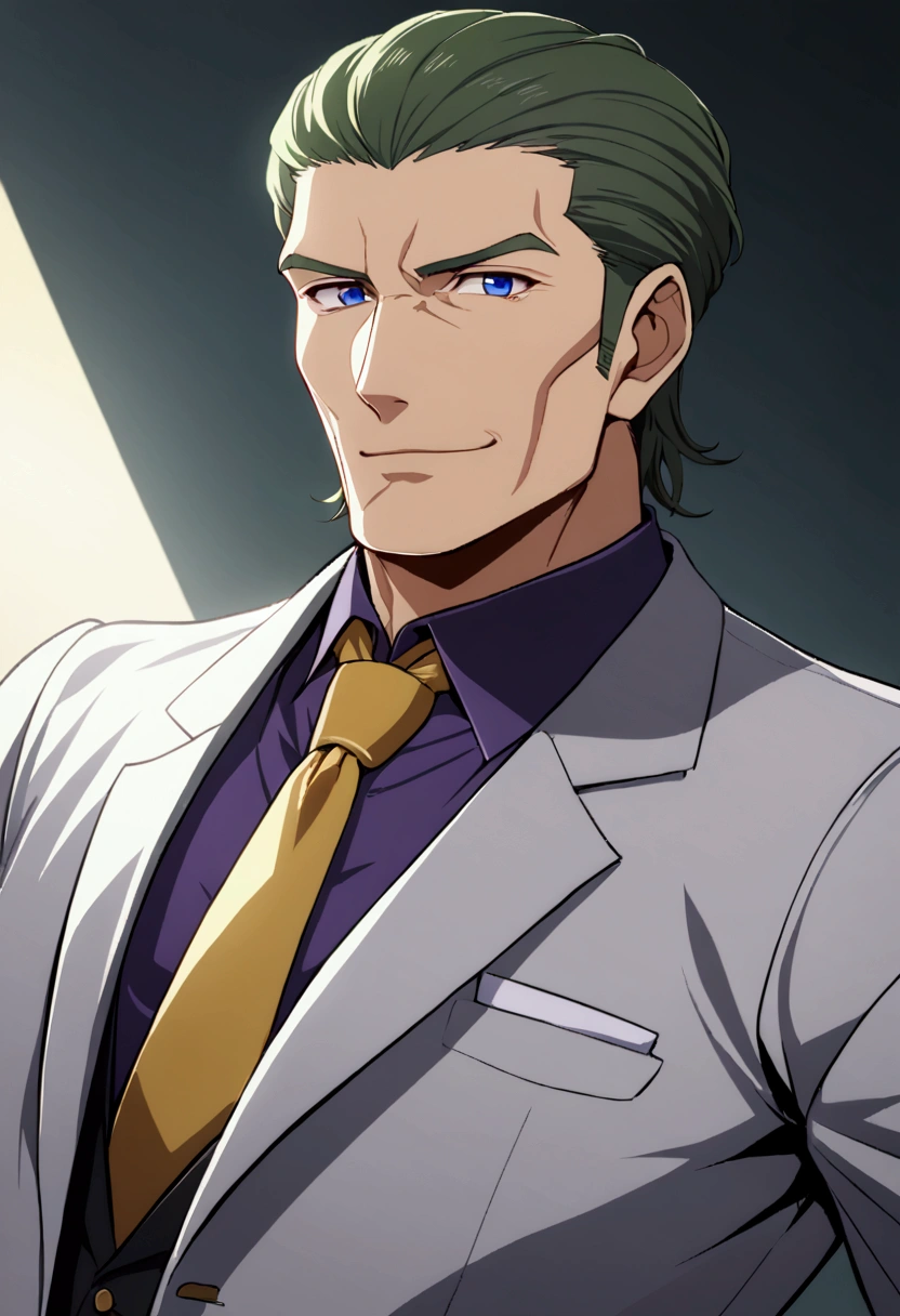 1man, (mature father in old hentai CG style, dandy president, moss olive hair, deepblue eyes, arafed spiky hair slicked back, businessman hairstyle), ideal ratio body proportions, BREAK (over 30s, elder producer, toned dilettante, high cheekbones, broad shoulder, square shaped face, handsome, beautiful detailed eyes, under 40s), BREAK (violet formal jacket, purplewhite shirt, yellow necktie, simple costume), BREAK solo, cool smile, smart emotion, BREAK upperlegs, romantic expression, 2000s, visual novel, in nitroplus style, BREAK depth of field, dutch angle, cinematic shadows, cinematic lighting, lens flare, light leaks, texture, absurdres absolutely resolution, extreme all detailed, greatest paint, BREAK masterpiece, best quality, BREAK score_9, score_8_up, score_7_up, source_anime, rating_safe, score_6_up, score_5_up, score_4_up