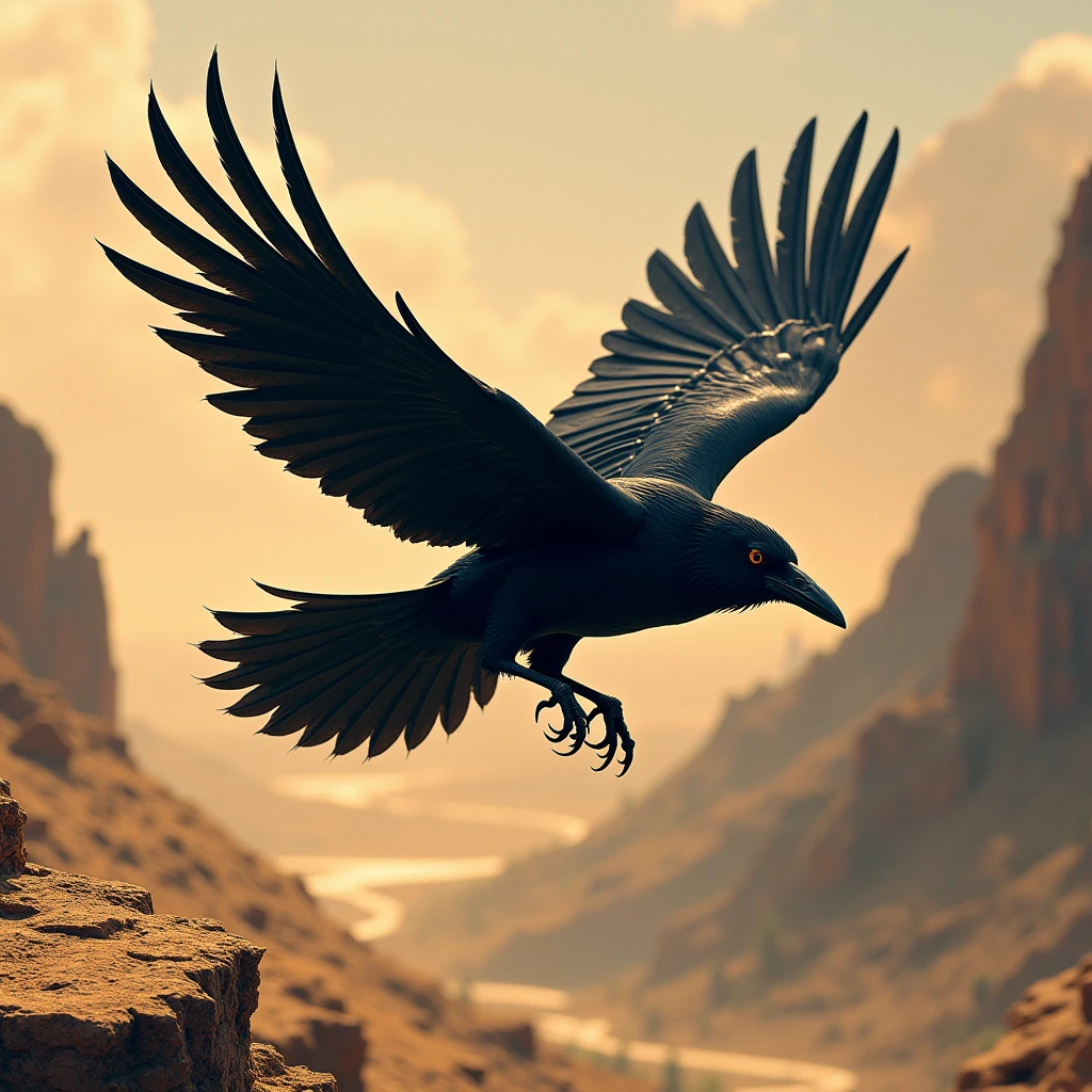 The black crow flew around in search of water 