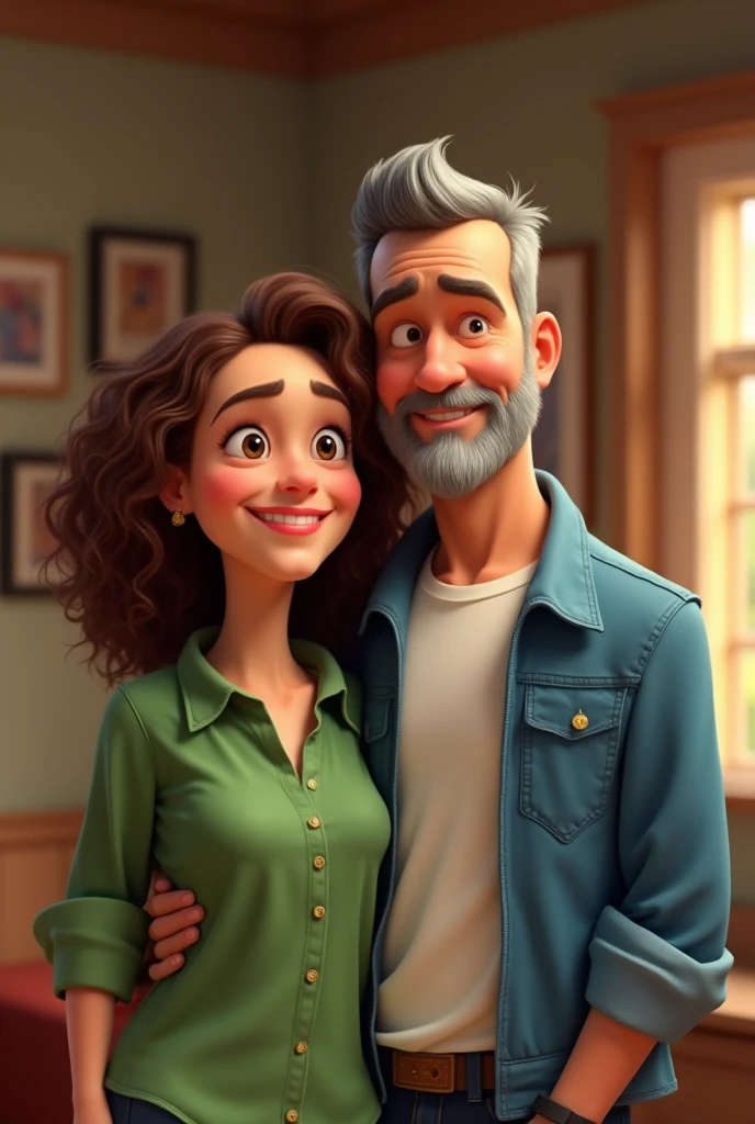 Pixar style image of a couple, full body shot. the wife is in front , She has a green shirt, She has light brown curly hair, white skin, The husband behind her is white-skinned, grey hair, shaved beard white shirt and blue jacket, They are looking in the same direction smiling