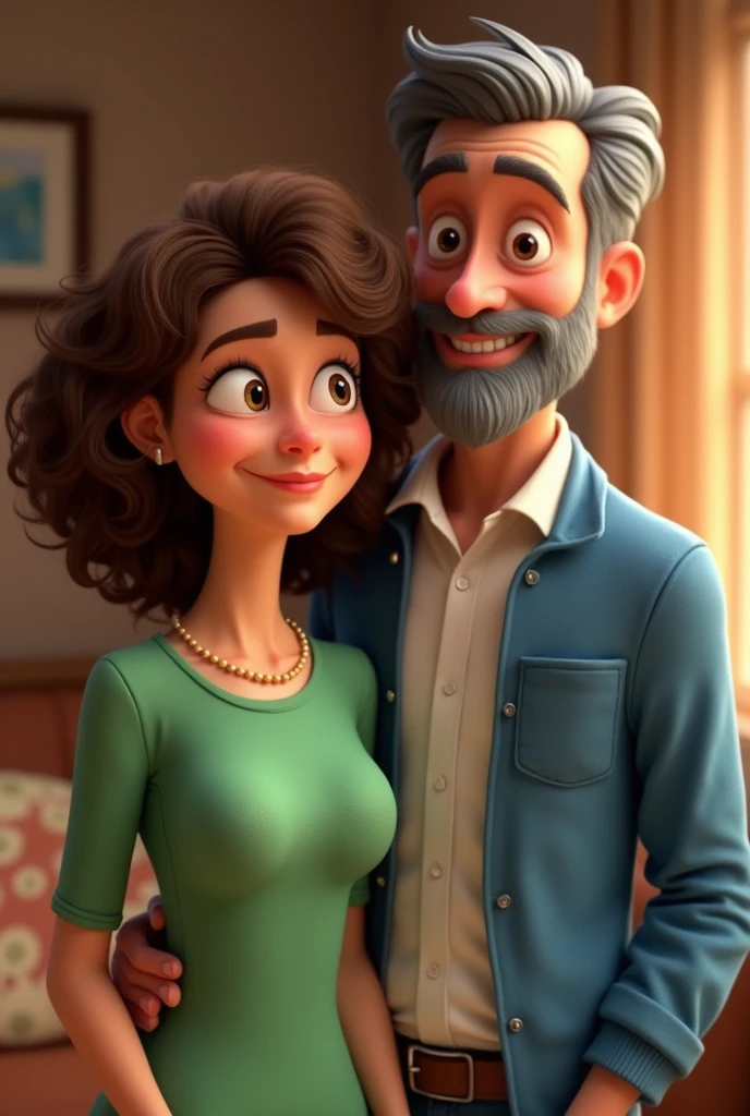 Pixar style image of a couple, full body shot. the wife is in front , She has a green shirt, She has light brown curly hair, white skin, The husband behind her is white-skinned, grey hair, shaved beard white shirt and blue jacket, They are looking in the same direction smiling