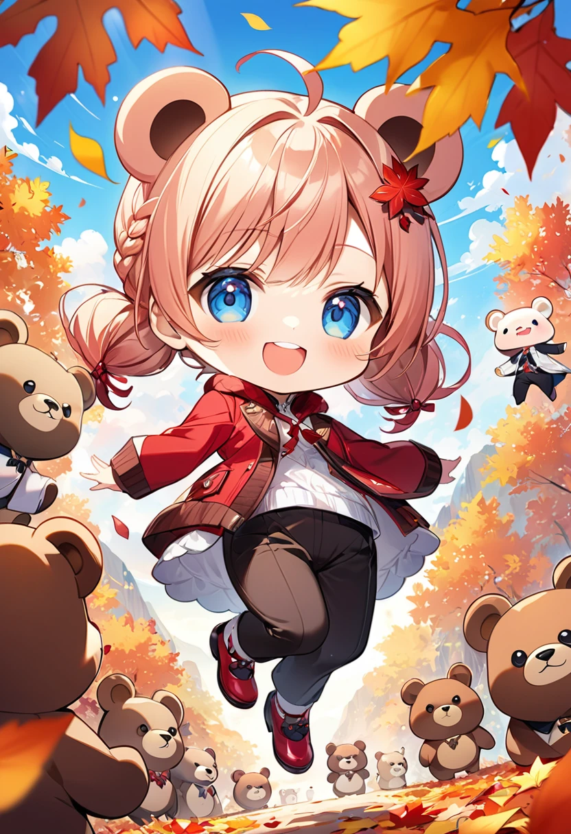 Highest quality、High resolution、Detailed Background、Beautiful face in every detail、Anatomically correct、Detailed facial expressions、fine grain、((full body, from below:1.5, looking viewer:1.2)), break　((One Girl:1.5)、((Chibi Girl:1.5)))、Bright pretty hair color、Big beautiful blue eyes、Fuller lips、Pink Lips、Braided twintails、Ahoge、break　((Playing with Bears:1.5))、(Cute fall clothes、Cute hunting rifle、Cute long pants、Cute Shoes、Cute hair accessories)、break　Playing in the leaves:1.5、(Big smile:1.5、Happy expression:1.5)、break　((The background is autumn mountains々、Dazzling autumn leaves、Frog、Refreshing weather))