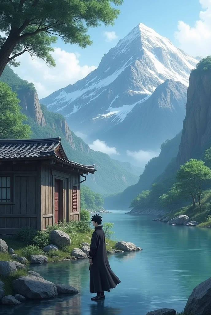 The land the river one old home mountain with anime character Itachi uchiha 
