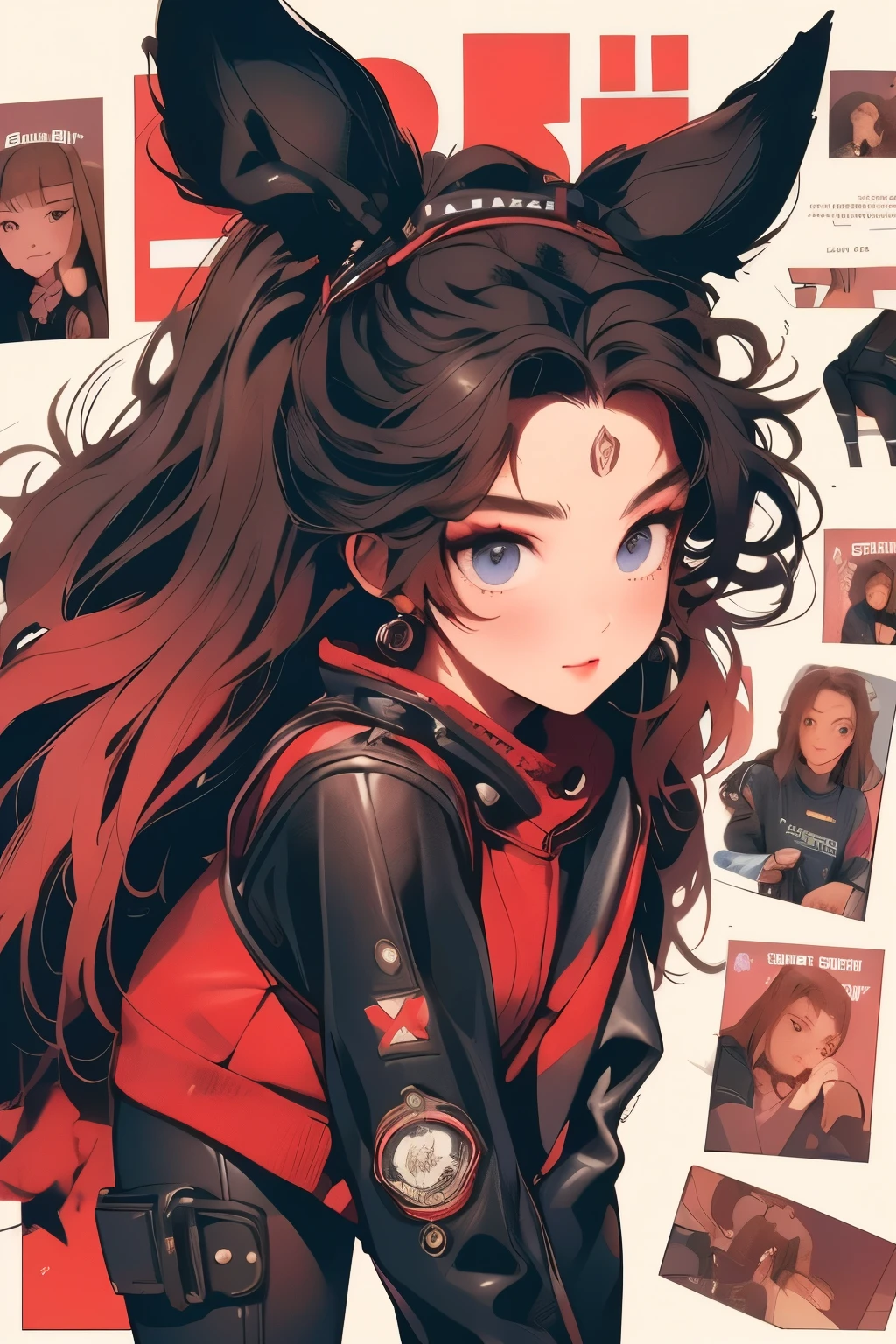 Movie Poster, a beautiful girl, with fox ears and tail, robotic arms, thigh gap, holding guns and points them at camera, black leggings, high sports boots, red hair, high ponytail hair style, grinning, camera angle from above, perspective shot, leather jacket, art by frank frazetta, details,add_detail:1, add_detail:0, add_detail:0.5