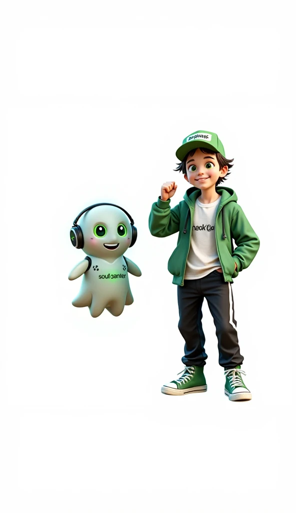 Create two characters that interact with each other. The two characters are friends through many adventures.
Character 1: Boy approximately 1 . He is tall. His facial expression is friendly and smiling., with big green eyes that convey a sense of curiosity and joy. your hair is short, brown in color and slightly disheveled, visible under the CAP. His cap is green and has a Playstation 5 controller printed on the front.. He wears a white T-shirt under a hooded jacket and matching cap.. The jacket has the word "Soulgamer" written visibly at chest height. He wears loose black pants that fit comfortably over green sneakers that match his jacket and cap., with white shoelaces tied tightly. Character 1 is standing with the fist of one of his hands clenched while the fist of his other hand is raised as if he is celebrating..
Character 2: Medium-sized robot mascot with ghost-like appearance. Resembling a drop. On his hands he has five well-defined fingers. His facial expression has large, green eyes with a glow, conveying a friendly and cheerful expression. He has a small open mouth with a happy smile and flushed cheeks.. Its body is white with small green details and a smooth, slightly shiny texture.. He has a headset on his head with an adjustable microphone positioned close to his mouth.. And on his chest you can see the illuminated shape of a Playstation 5 controller in fluorescent green.. It floats in the air, as if he were ready for an adventure.
The scene consists of a stone road with plants on the side and behind the characters you can see a portal where the word is written "Soul Gamer"