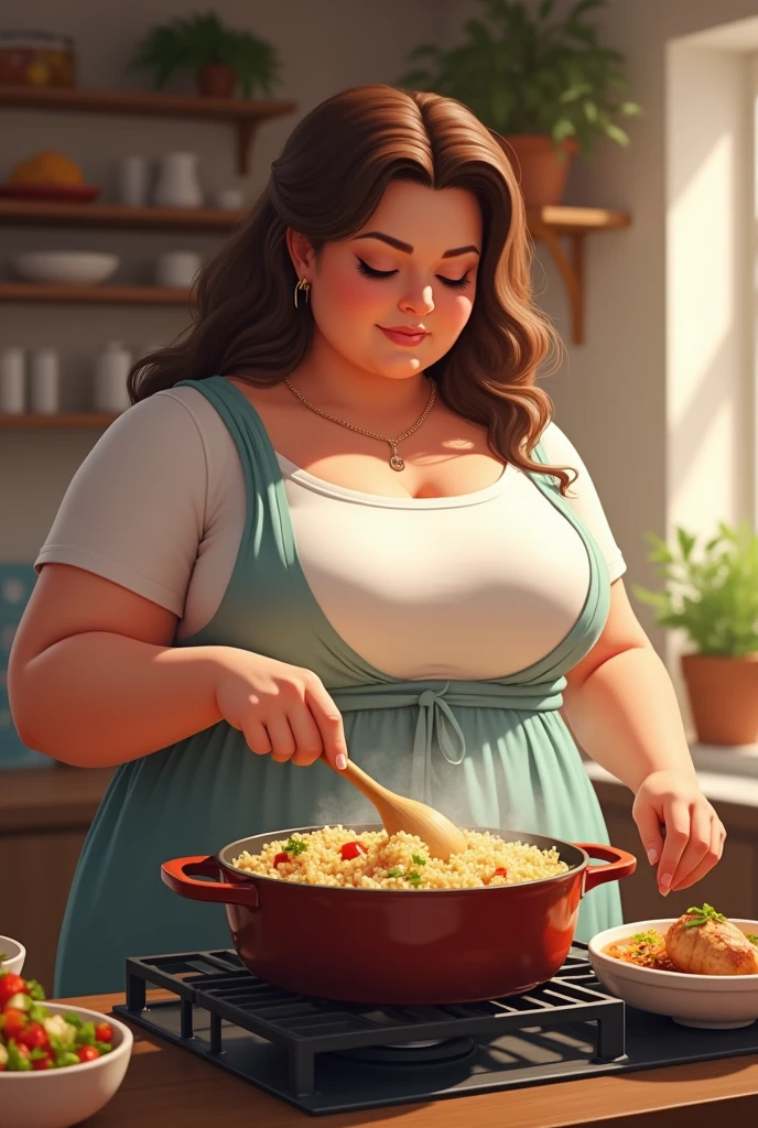 chubby, fat, short, very big boobs, brunette, woman, cooking rice and chicken
