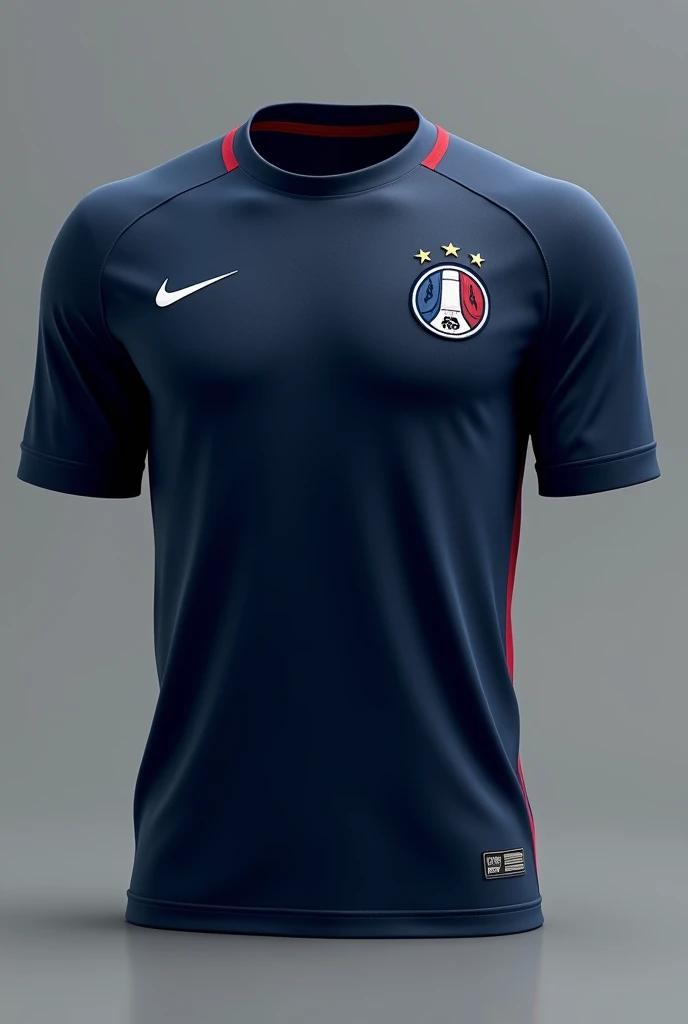 dark blue france national team shirt with small red and white details on the shirt
