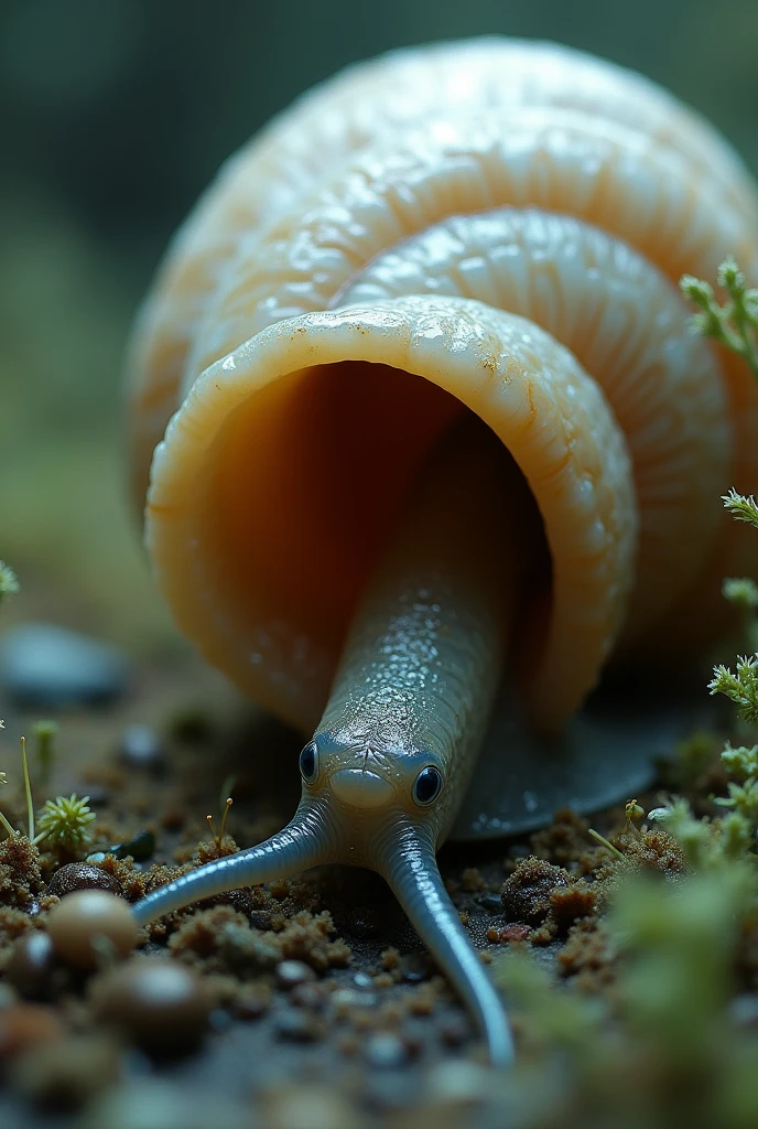 An eel penetrates deep into the shell from the narrow slit at the bottom of the beautiful egg-shaped shell of the snail..Only the slender tail is still exposed.