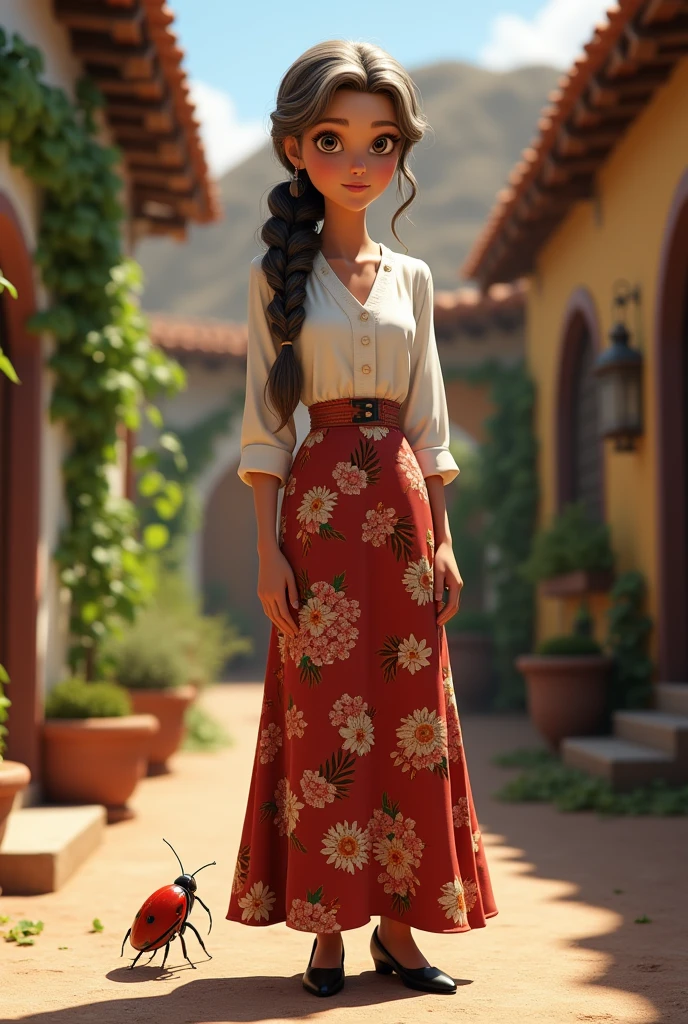 (photorealism:1.2) elderly woman, slim, thesis morena clara, Brown hair with gray and hair tied back in a nice, loose braid, eyes the color of honey, As for clothing, she wears a long floral skirt and a blouse with visible sleeves in white., black heels and next to her a little red bug and in the background a nice Mexico thing with houses with vines