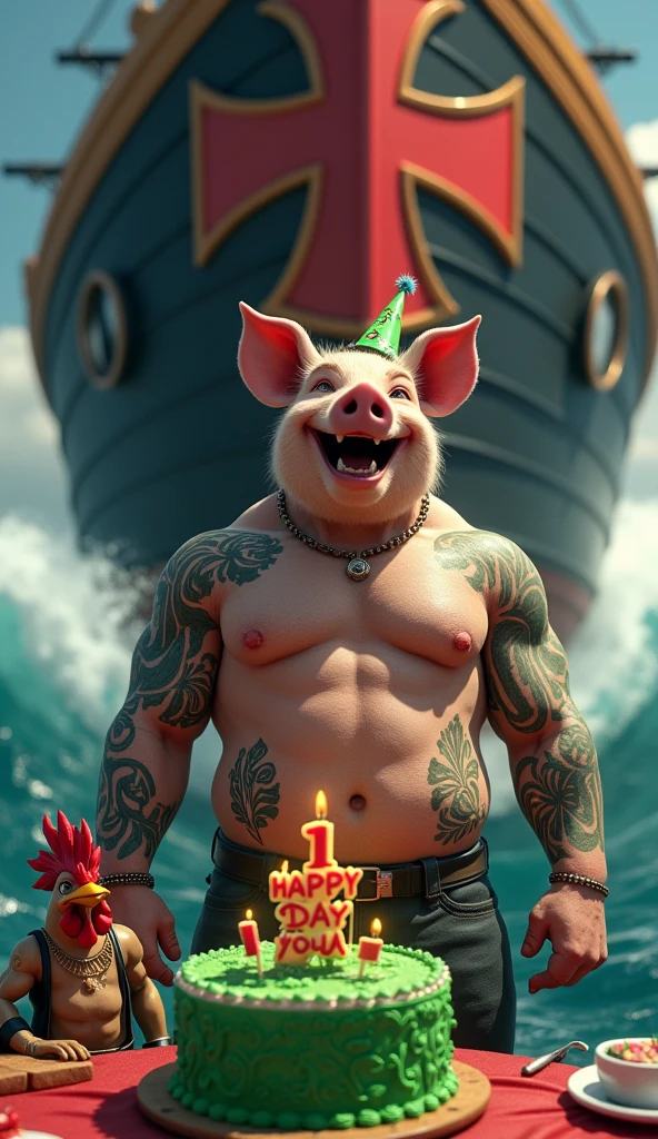 A muscular pig, puffed chest and shirtless, green tattoos, celebrating his birthday on the black ship black ship thick red Maltese cross highlighted, big waves around, green birthday cake candle in the shape of thick red Maltese cross written Happy Birthday to you, guest bird muscular rooster, puffed chest, in open vest, holding present, wearing birthday hat