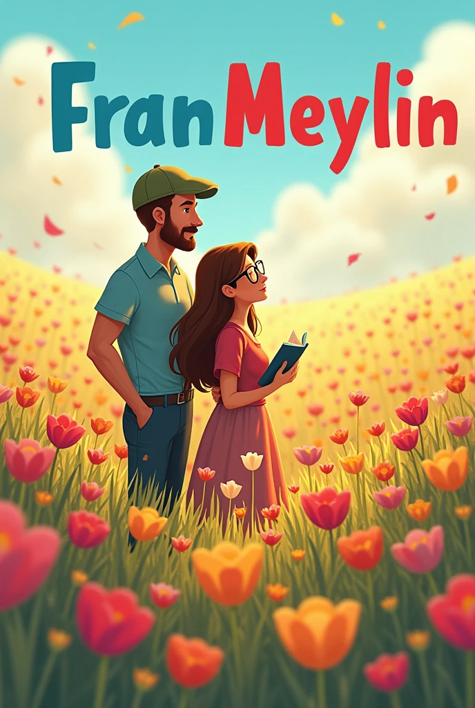 Tall white man but a little fat with a cap in a field of many colored flowers accompanied by his girlfriend, a woman with cinnamon skin, long brown hair, glasses to read a little lower than the man, dressed in home clothes and with the texts Fran and Meylin with the letters of the names in capital letters and blue and red colors.