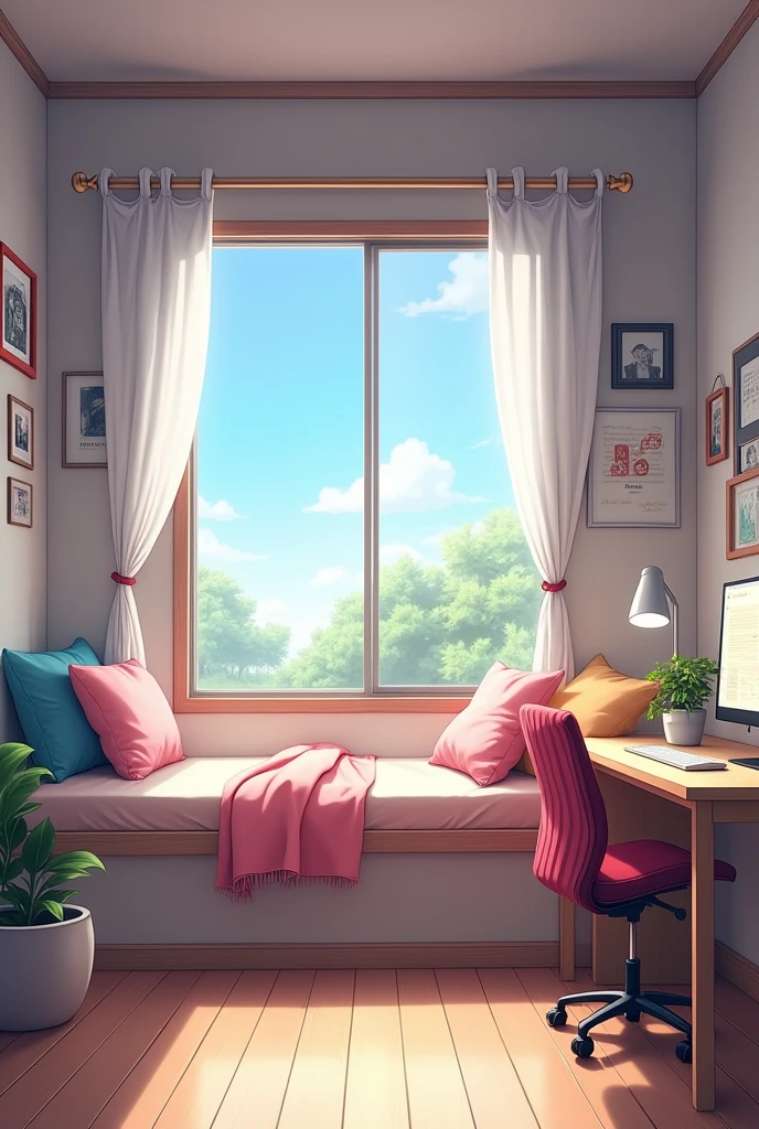 Make a simple anime room, with which you can sit by the window(there will be a sofa built into the window), have a bed a little far away and a computer desk a little bigger. Have a medium-sized wall for several photos