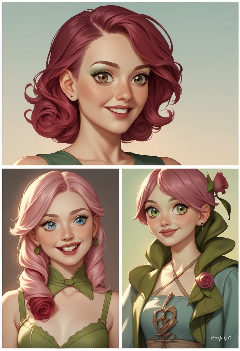 twoo girls,In a comic book style, Roselyne Mountain and Furya, both girls, are depicted with their unique characteristics. Roselyne has short red hair and grey-blue eyes, appearing timid. Furya, also a girl, is taller with mid-length curly bordeaux red hair and brown eyes, smiling warmly. Their vibrant comic style captures the essence of their young love, with Furya's outgoing nature complementing Roselyne's shyness, highlighting their contrasting yet harmonious appearances.