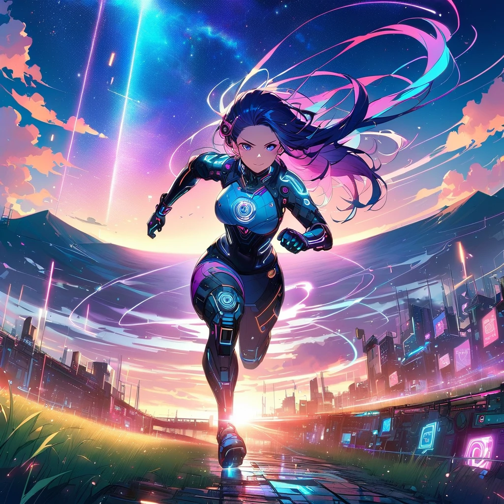 ((​masterpiece)) Japanese anime style.cyber punk. cyber-punk.  Woman running in a grassy field. Cine illumination particles. epic scene. Light clouds in the sky, intense pasty colors. bright coloured. lot of details. 8k. 