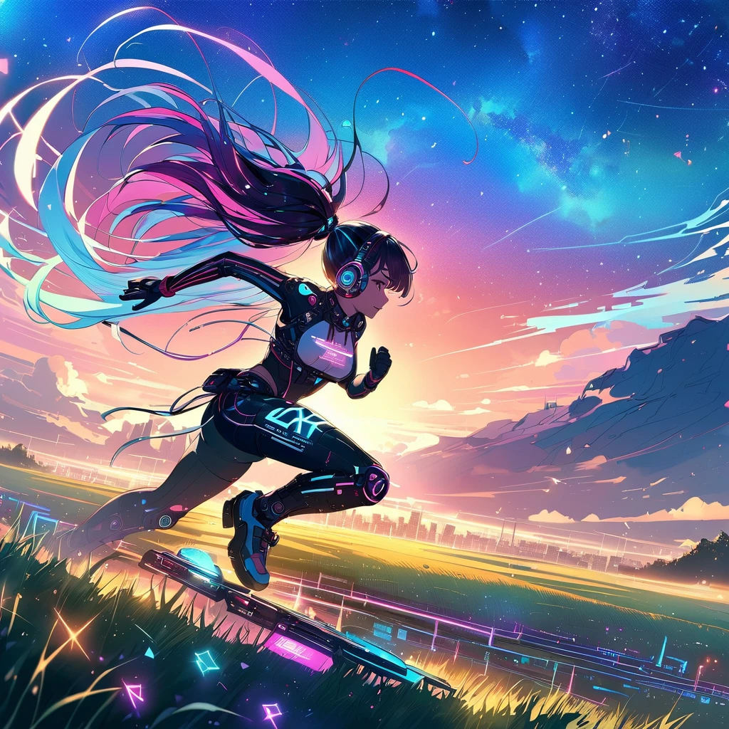 ((​masterpiece)) Japanese anime style.cyber punk. cyber-punk.  Woman running in a grassy field. Cine illumination particles. epic scene. Light clouds in the sky, intense pasty colors. bright coloured. lot of details. 8k. 