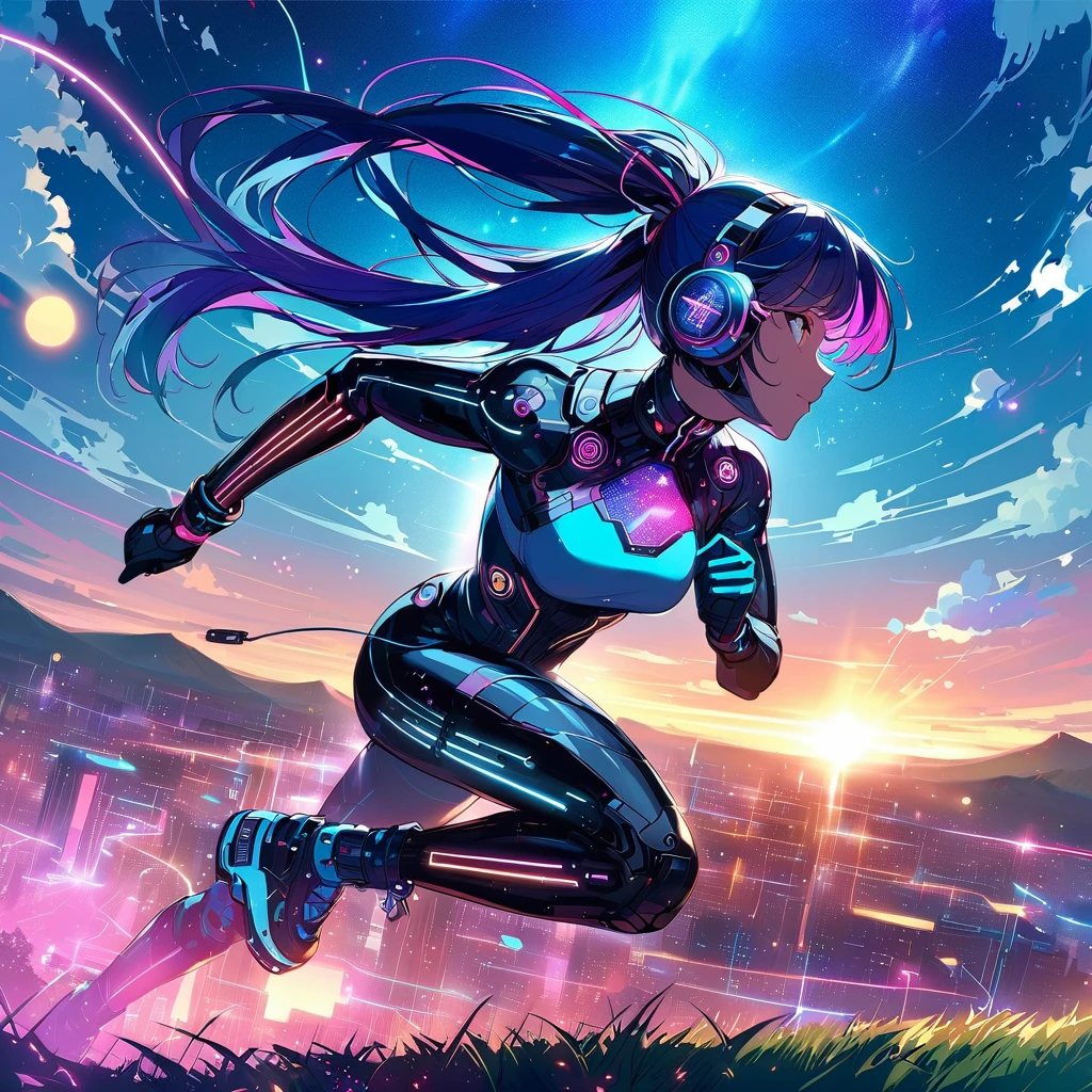 ((​masterpiece)) Japanese anime style.cyber punk. cyber-punk.  Woman running in a grassy field. Cine illumination particles. epic scene. Light clouds in the sky, intense pasty colors. bright coloured. lot of details. 8k. 