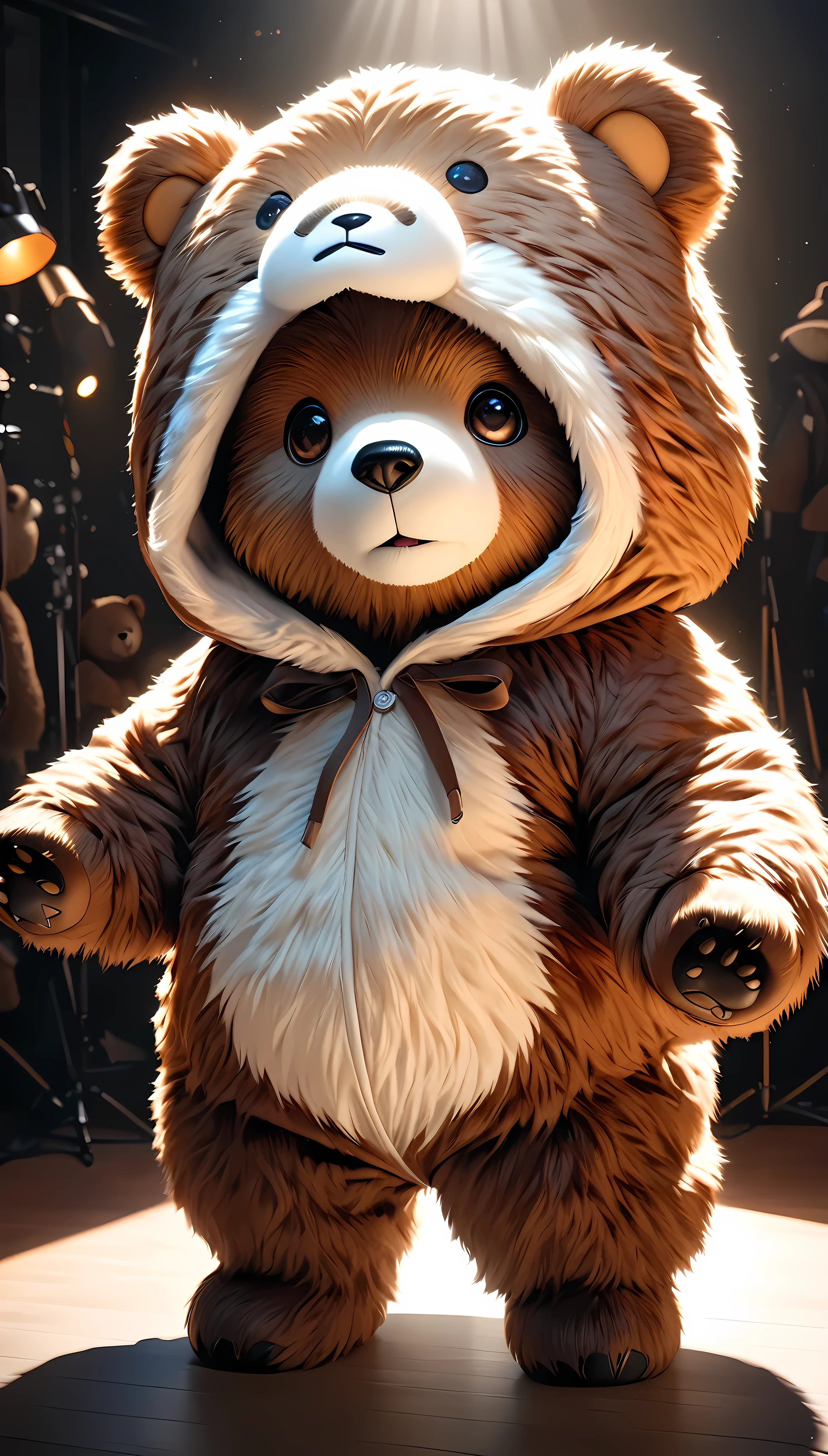 a brown bear wearing a white bear costume, brown fluffy bear, white bear costume with hood, cute bear, photorealistic, 8k, high quality, masterpiece, detailed fur texture, detailed costume design, studio lighting, realistic lighting, vibrant colors, warm lighting, soft focus