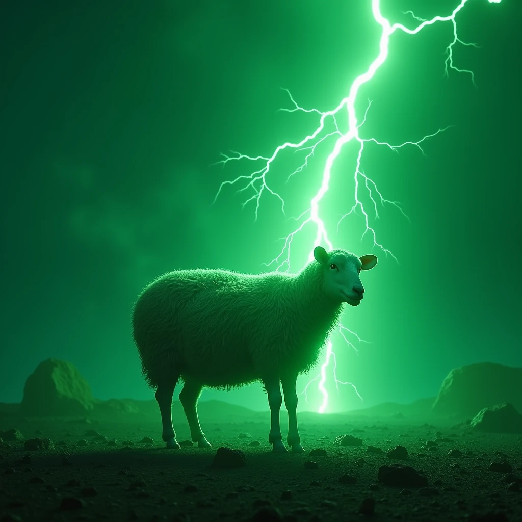 Sheep struck by neon green lightning