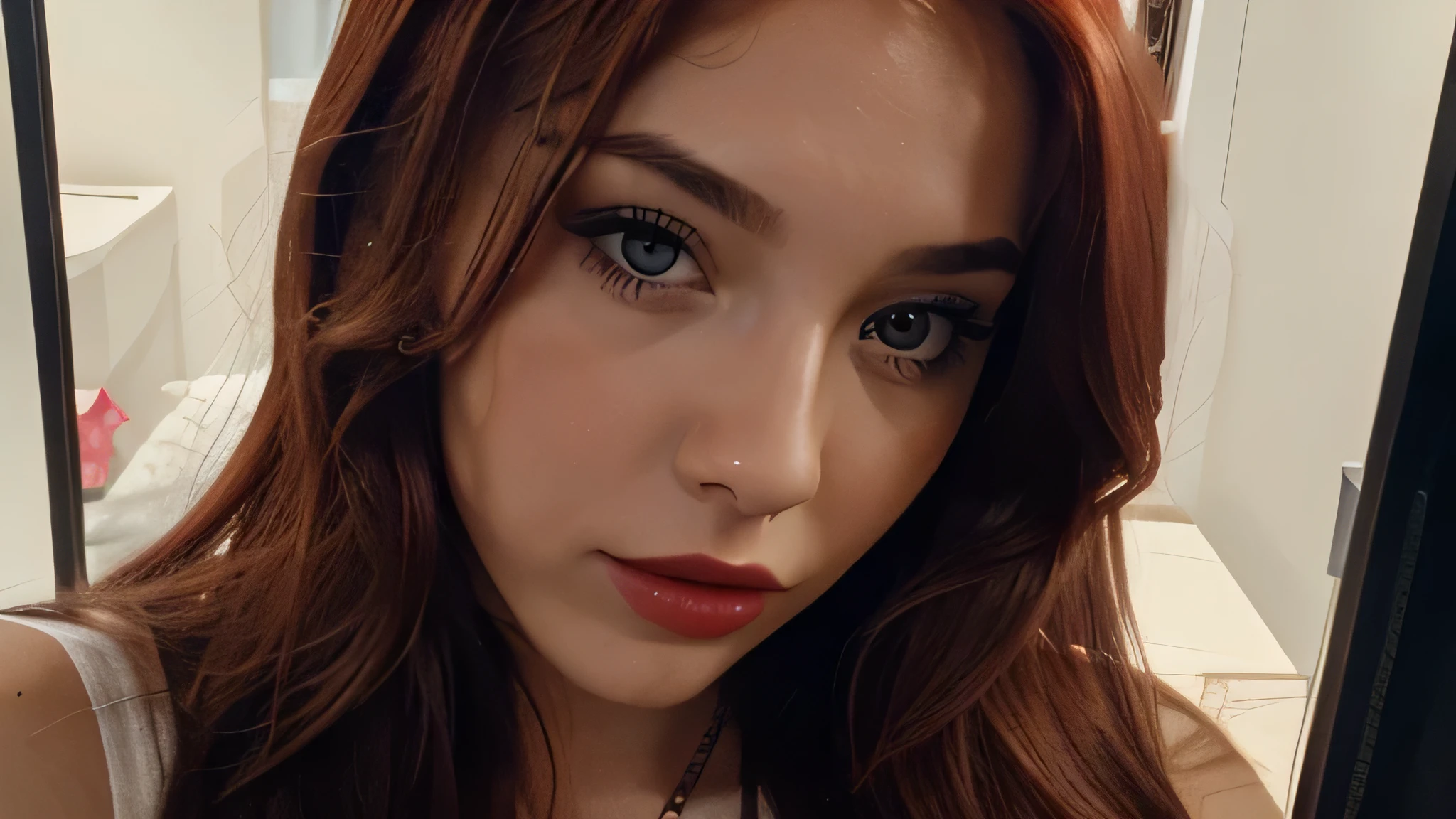 A 20-year-old beautiful European girl with detailed long red hair and gray eyes, wearing lip liner, eyeliner, and red lipstick, takes an iPhone camera selfie of herself in the sport. The selfie is a medium shot, and the girl has an ombre blonde-pink hair color. The image features film grain and medium quality, shot with an 80mm lens. The same girl and face are captured, emphasizing her striking features.